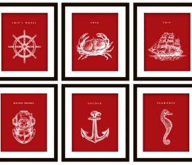 6 Nautical Art Prints, ANY color (Anchor, Seahorse, Scuba Helmet, Crab, Wheel and Ship)