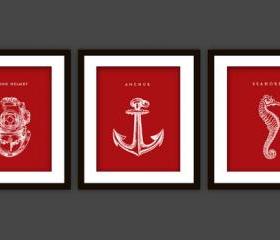 3 Nautical Bathroom Art Prints, ANY color (Anchor, Seahorse, Scuba Helmet)