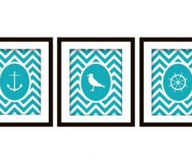 Nautical Themed Chevron Art Print Set of 3 (Anchor, Wheel, Seagul)